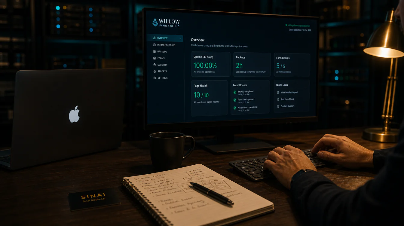 Brand Asset Mini Kit supporting image showing managed hosting monitoring for Sinai Media clients in Woodstock and the Atlanta area.